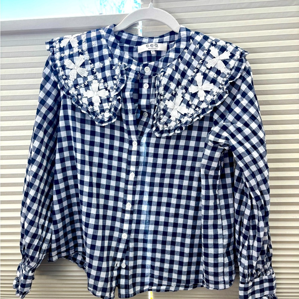 Sea collection embroidered collar gingham button down.